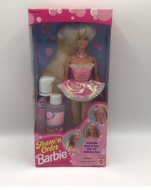 Vintage 1995 Foam n Color Barbie Doll Mattel NIB Pink Dress Washable Hair Toy
